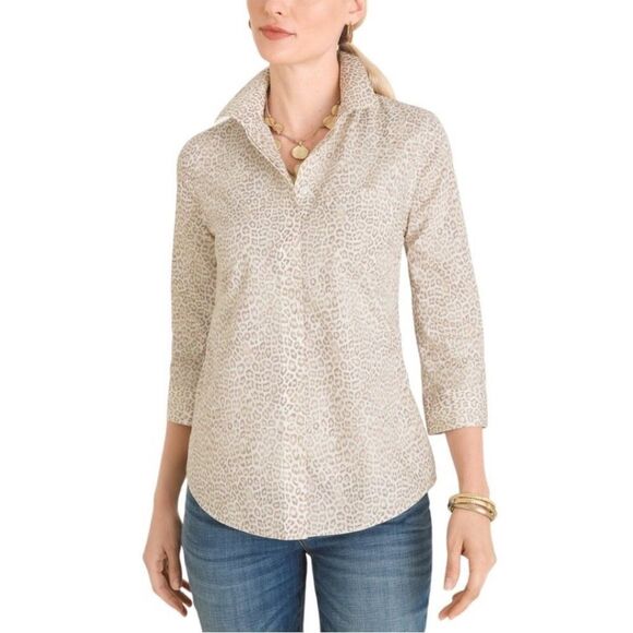 NWT Chico’s sand beige  3/4 sleeve leopard no iron button up shirt size 14 - Picture 1 of 7